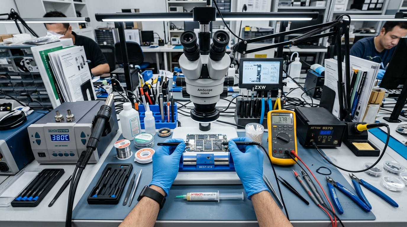 Chip-level motherboard micro-soldering and water damage repair at Mobicare Kottakkal